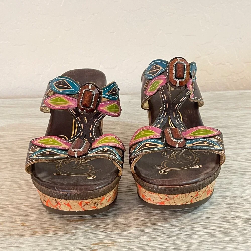 Spring Step L'artiste Bonita Sandals Platform Wedge Dragonfly Leather Colorful 6